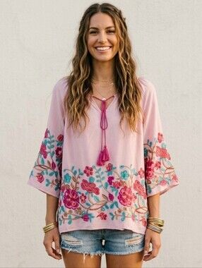 Forgotten Grace cotton pink embroidered tessel boho shirt top blouse pink XL @M2